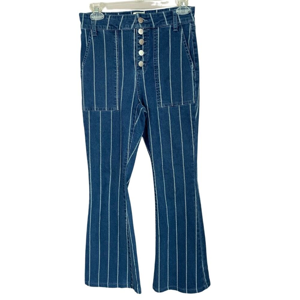 GB Flare Cropped Button Front Ultra High Rise Striped Jeans Juniors 7 Blue White